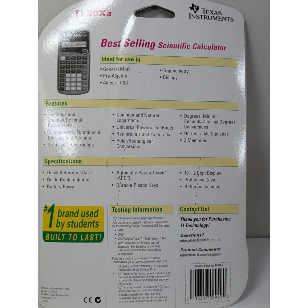 Texas Instruments TI-30XA Scientific Calculator - 1 Line Display - 033317029990